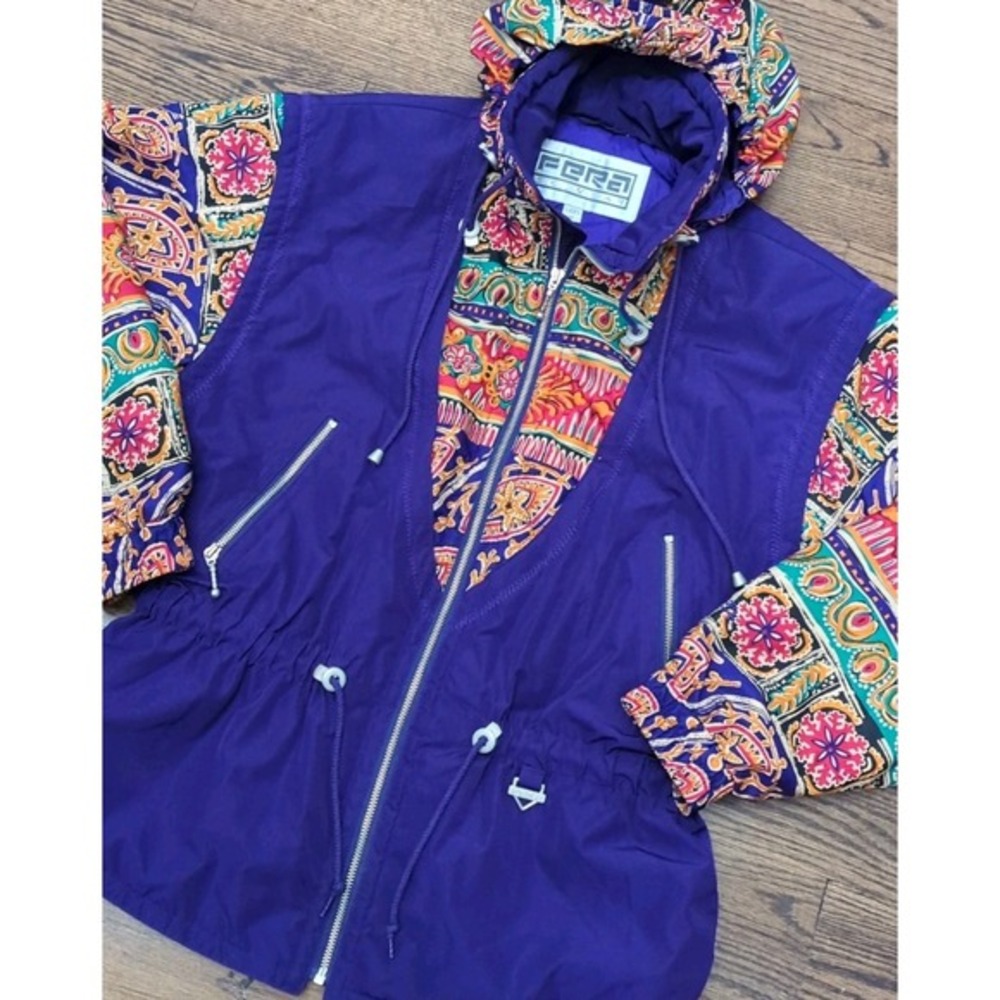 Vintage Fera Skiwear Jacket Sz 12 Purple Colorful Geometric Print 80s‎ 90s Funky